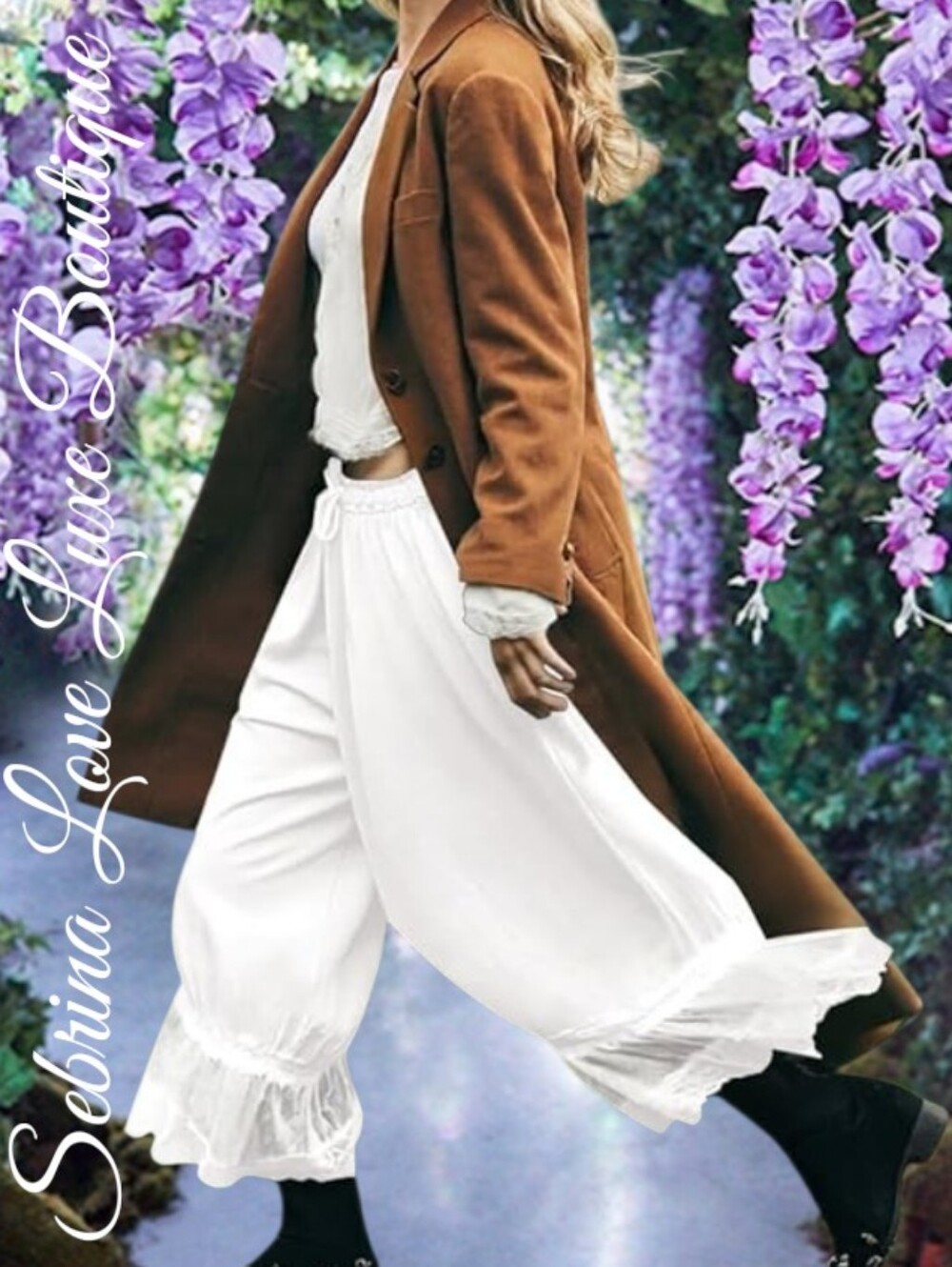 Romantic Victorian Inspired Boho White Lace Hem Wide-Leg Pantaloon Bloomer Pants